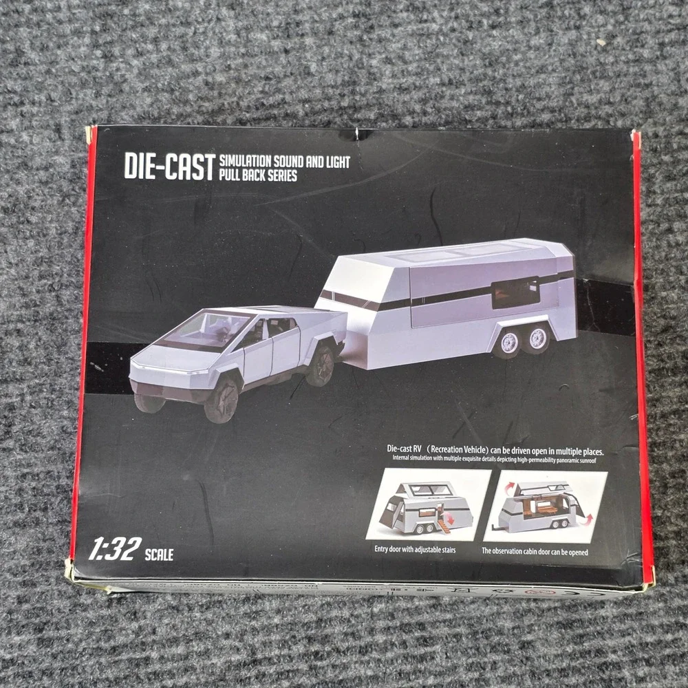Che Zhi Die-Cast Cybertruck with RV Trailer 1:32 Silver Pull Back Series NIB
